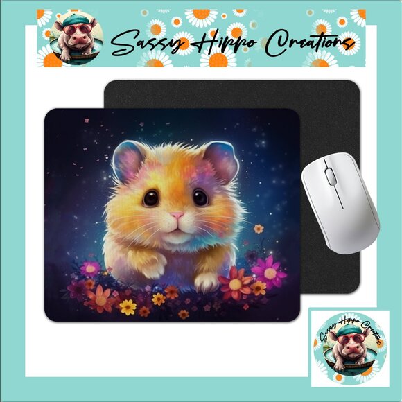 Mouse Pad Neon Hamster Colorful Flowers Anti Slip Back Easy Clean Durable - Picture 1 of 4